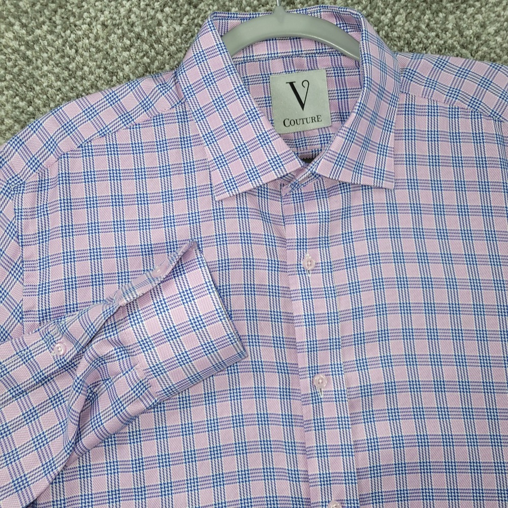V Couture Mens Pink‎ Blue Glen Plaid Button Down Shirt Long Sleeve 100% Cotton